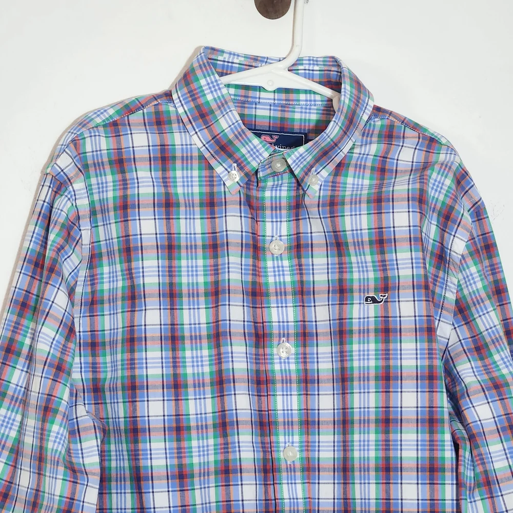 Vineyard Vines Boy's Plaid Button-Down Shirt in Blue and Green Size Medium